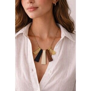 Womens Fashion Jewelry Boho Statement Necklace Gold Tone Chain Resin Wood 21”